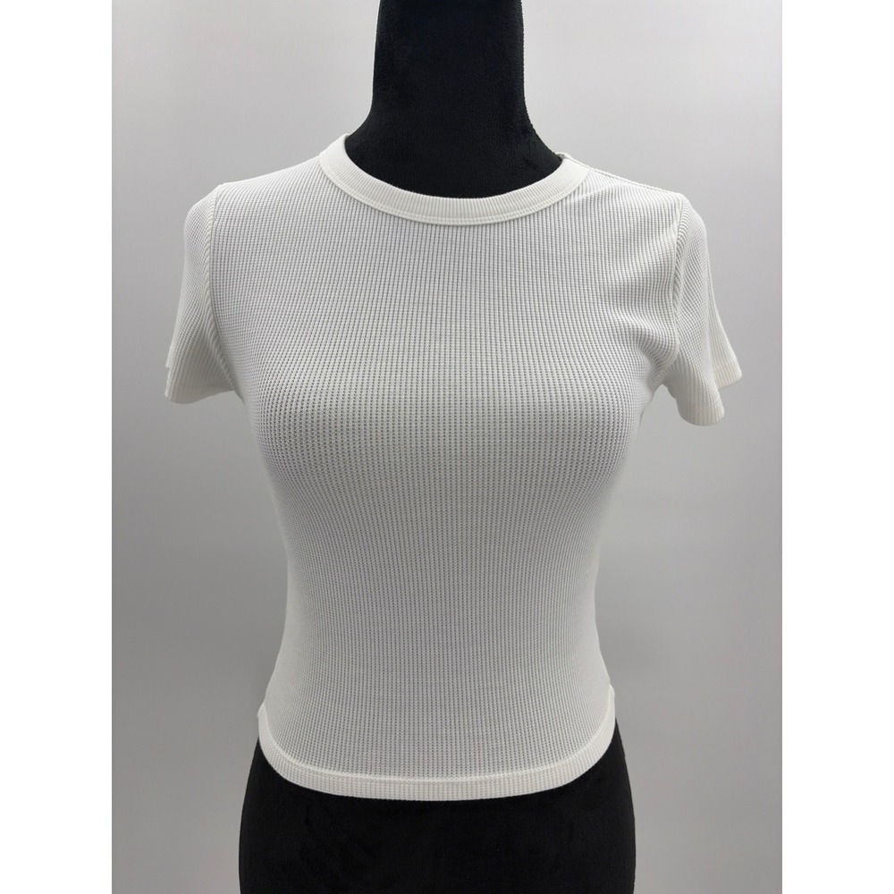 American Eagle White Waffle Knit Thermal Short Sleeve Crew Neck Top Small